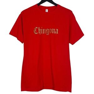 Jerzees Chingona Short Sleeve T-Shirt in Red With Gold Glitter Size M